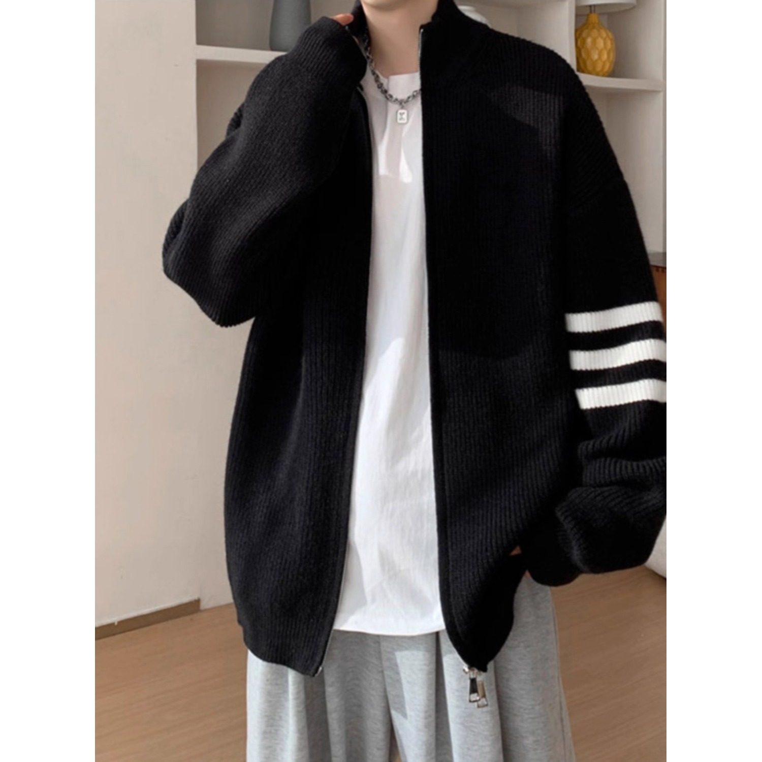 大码300斤双拉链立领开衫毛衣男秋冬季潮牌三条杠情侣针织衫线衣2,男装,针织衫/毛衣,淘宝优惠券,粉丝福利购,淘宝优惠卷