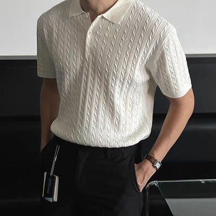 特大码绞花针织短袖polo衫男夏季高级感衬衫领t恤老钱风正肩半袖