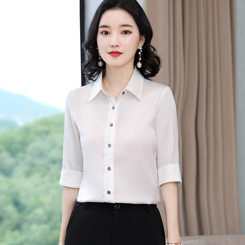 中袖白衬衫女职业装ol真丝上衣2022夏装新款高端气质宽松半袖衬衣