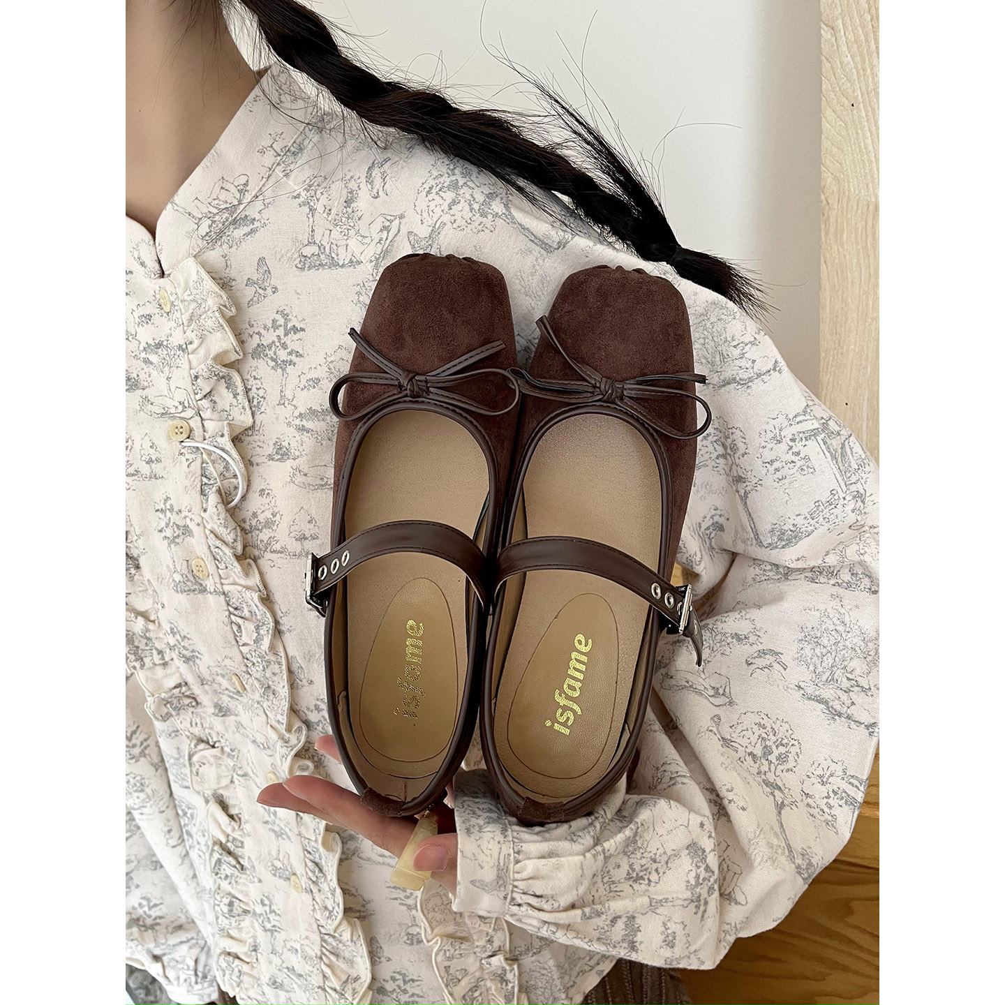 一拾方「棕木芭蕾」蝴蝶结一字带 朋克设计浅口单鞋玛丽珍