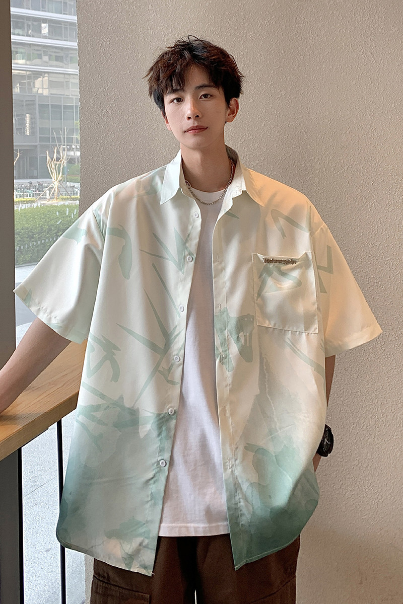 版权已注册港风夏季冰丝渐变水墨画宽松短袖衬衫1082-P45控58,男装衬衫,星座227