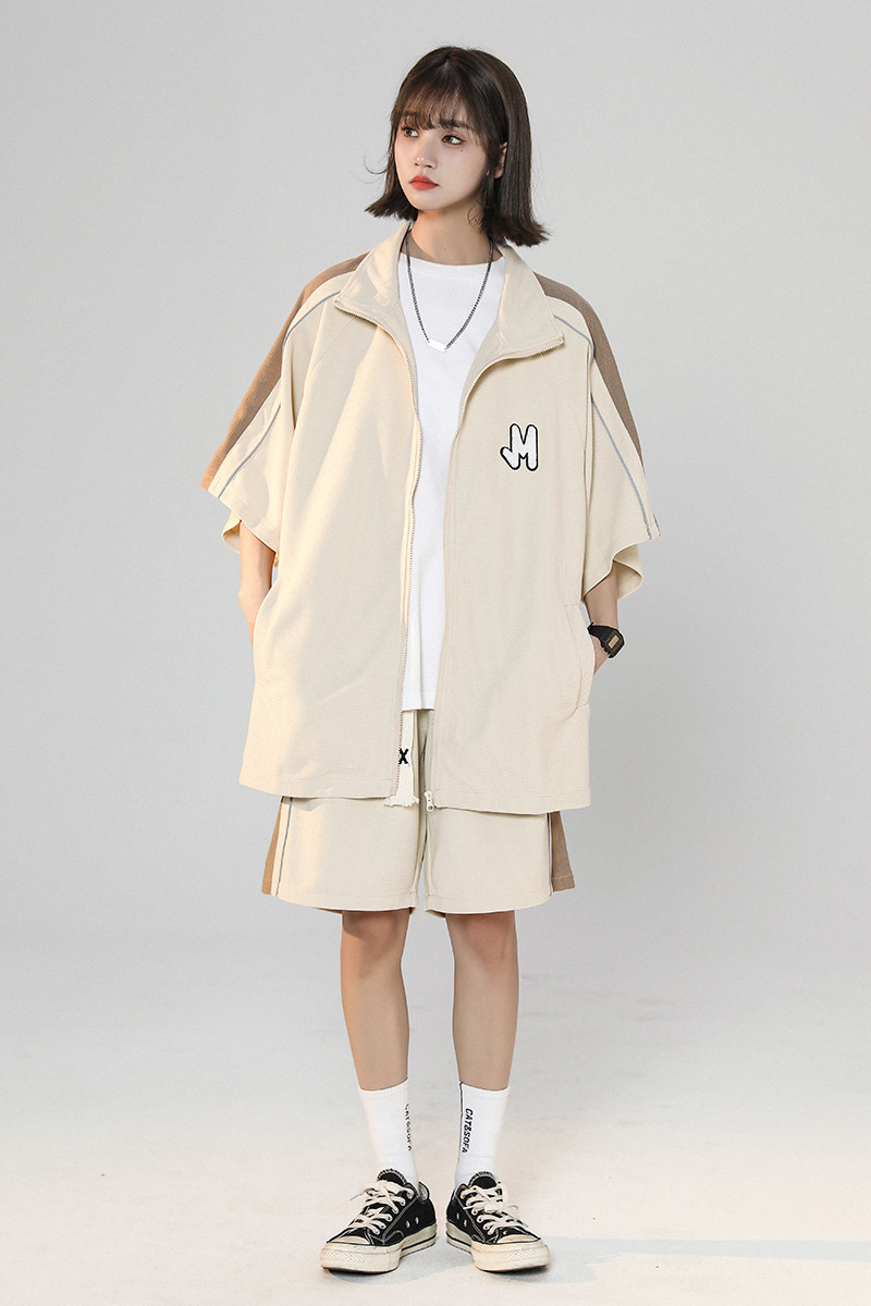 直播品质夏季新款休闲华夫格拼接宽松短袖套装女1081-p75控98,男装休闲套装,星座227