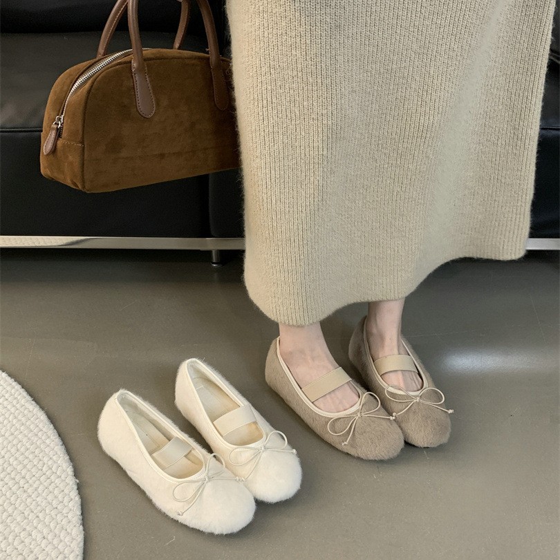 小个子内法式芭蕾舞毛毛鞋女冬季外穿加绒温柔玛丽珍单鞋