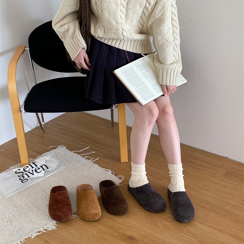 休闲平底一脚蹬拖鞋秋冬穆勒鞋舒适包头外穿居家时尚百搭保暖