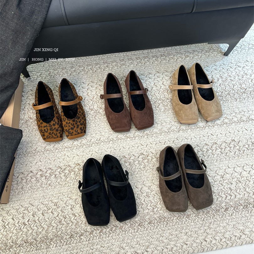 复古绒面豹纹方头平底单鞋百搭软底一字带玛丽珍鞋