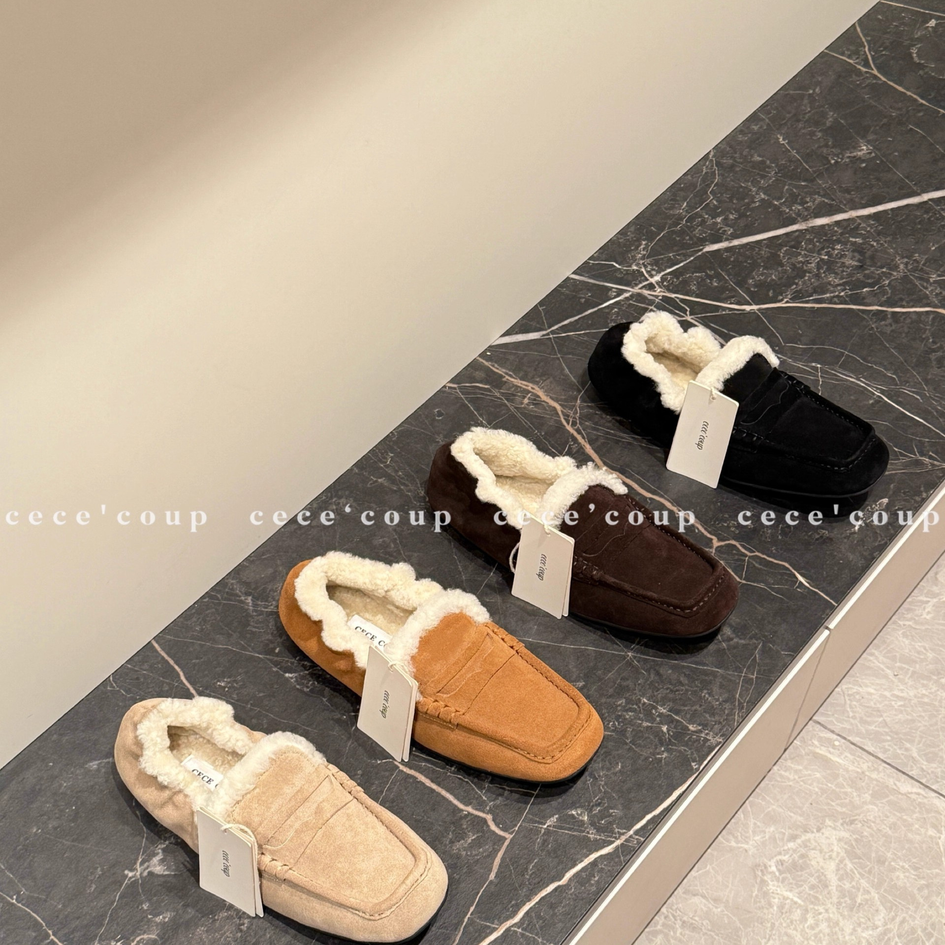 羊羔毛平底松紧乐福鞋女