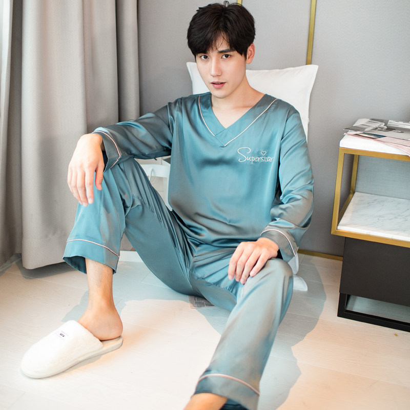 卡欧澜睡衣男春秋大码V领仿真丝绸长袖薄款夏季冰丝套头家居服潮
