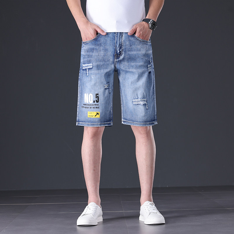 705浅蓝#大码短裤#胖子牛仔裤破洞弹力直筒高腰六分裤#夏季薄款