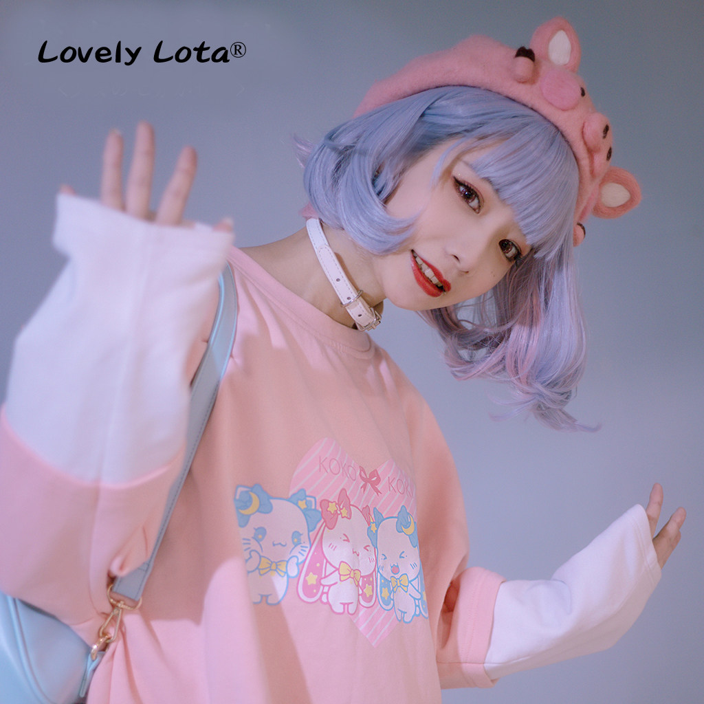 星月兔 正品粉色假两件插肩袖日常少女系圆领长袖卫衣 现货