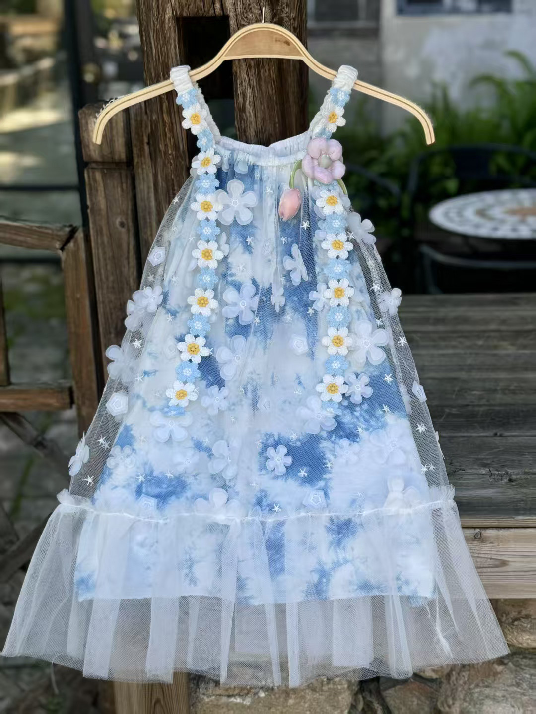 大理丽江手工扎染蓝染女童连衣裙民族风粉郁金香裙子洋气吊带童裙