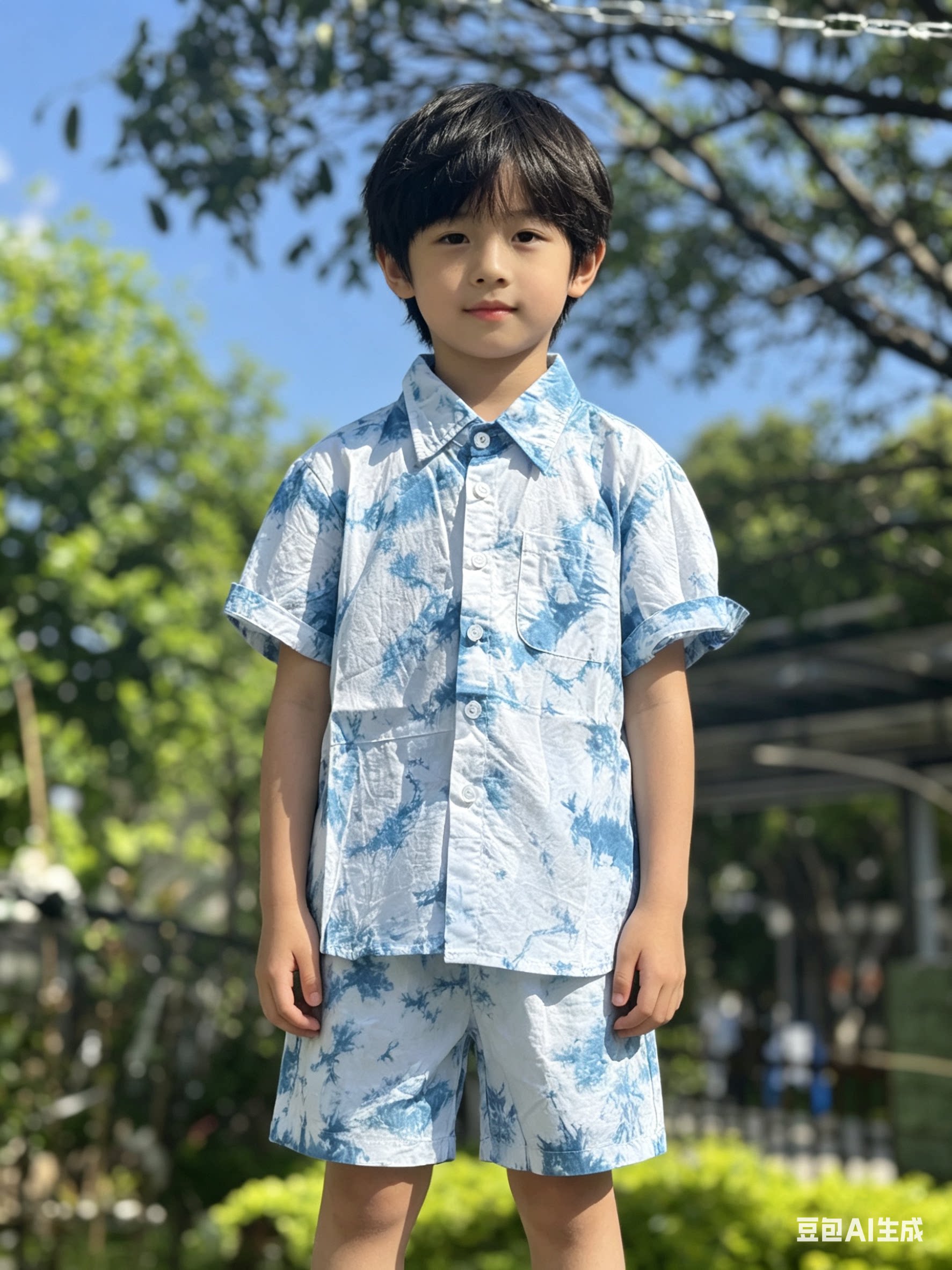 大理手工扎染民族风男童短袖衬衫夏季旅游蓝染儿童休闲衬衣套装图片
