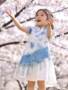 小童女童夏季高级感气质扎染连衣裙新款儿童中式国风流苏旗袍礼服
