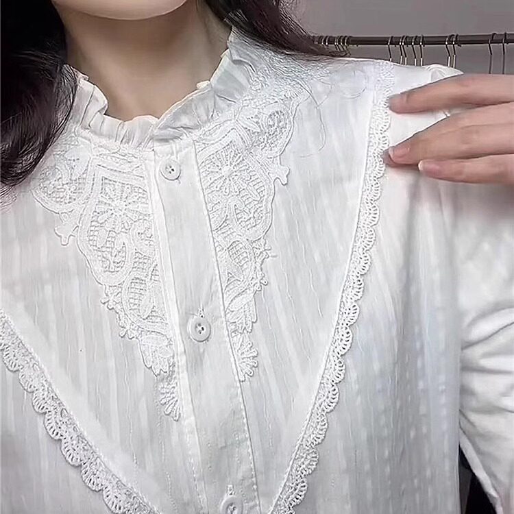 立领蕾丝全纯棉荷叶边花边上衣女2025秋孕新款洋气百搭衬衫女气质