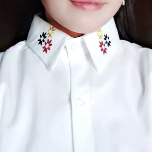 2025春秋范刺绣花翻领白色衬衣女长袖学生百搭孕毛衣打底衬衫