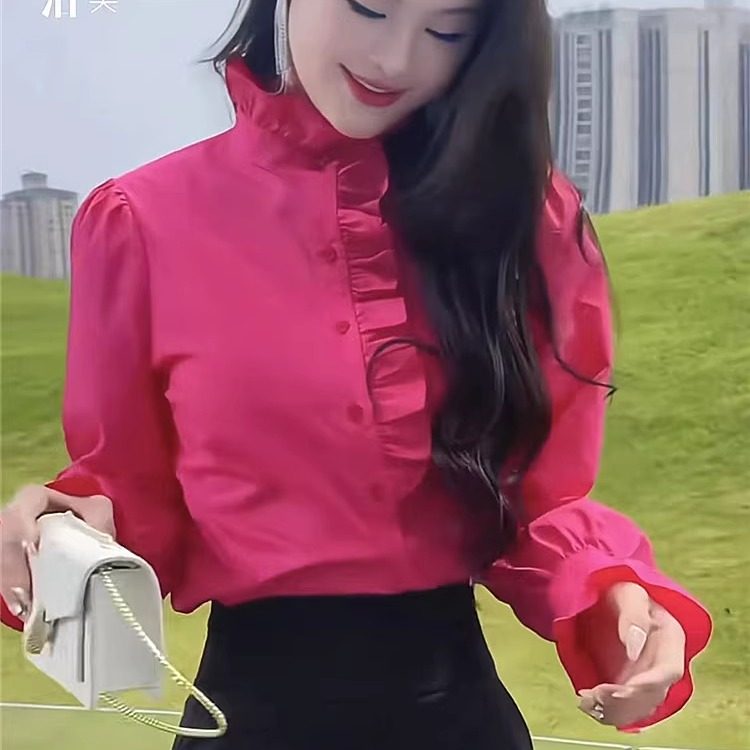 法式轻奢感木耳边半高领衬衫