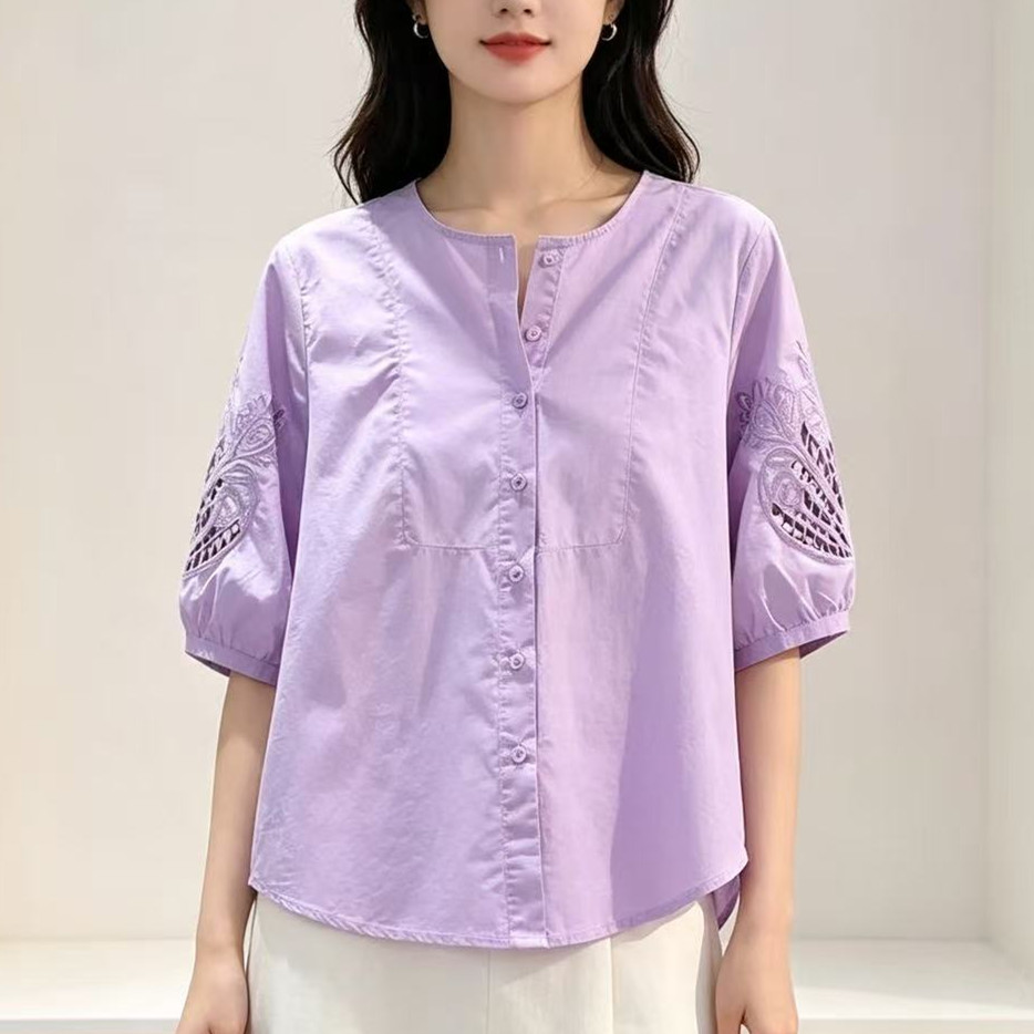 刺绣V领丝滑纯棉七分袖女士衬衫