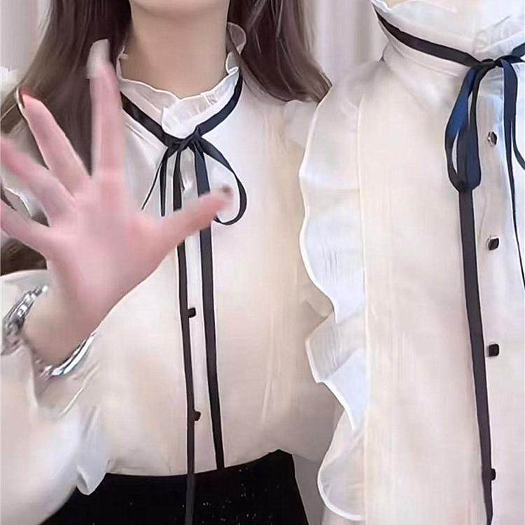 加绒2025新款女木耳花边长袖衬衣