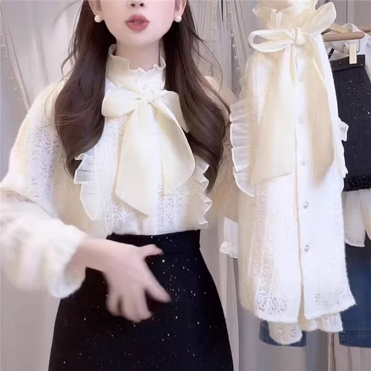 加绒蕾丝蝴蝶结衬衫冬季保暖打底衫女孕轻奢巨好看衬衣法式高级感