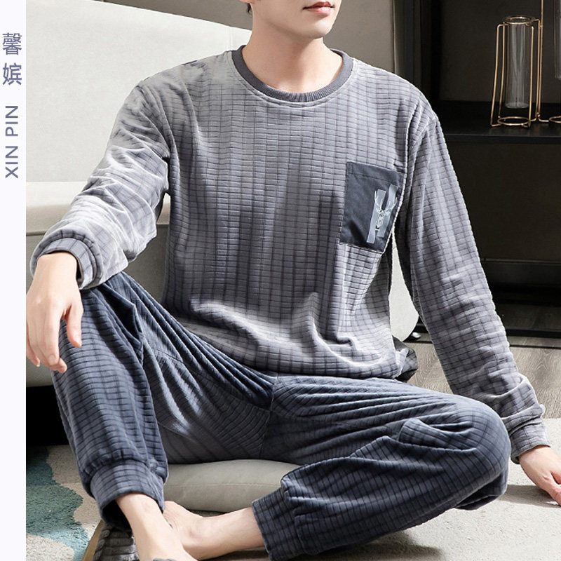 新款法兰绒睡衣男秋冬长袖圆领加厚加绒保暖套头中青年珊瑚绒套装