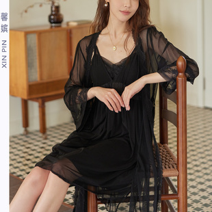 网纱宫廷风睡裙女夏性感带胸垫吊带V领蕾丝情趣高级感两件套裙子