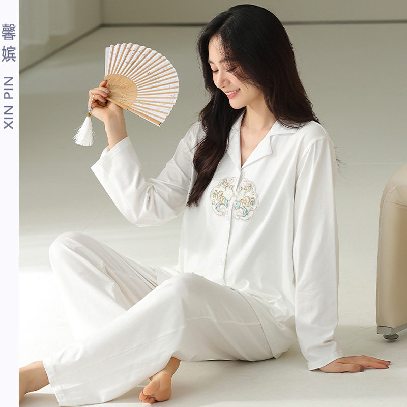 馨嫔女春秋纯棉国风开衫长袖睡衣