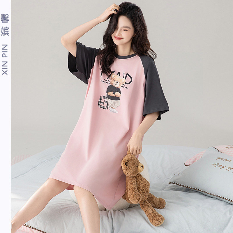 睡裙女夏纯棉短袖卡通可爱中长裙