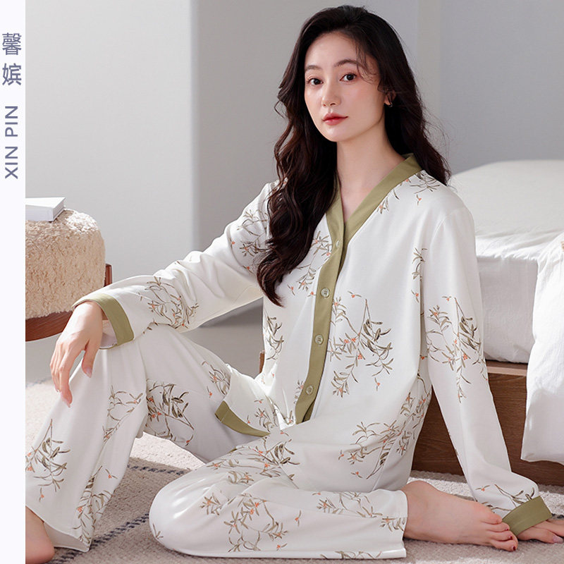 馨嫔女纯棉印花大码开扣长袖睡衣