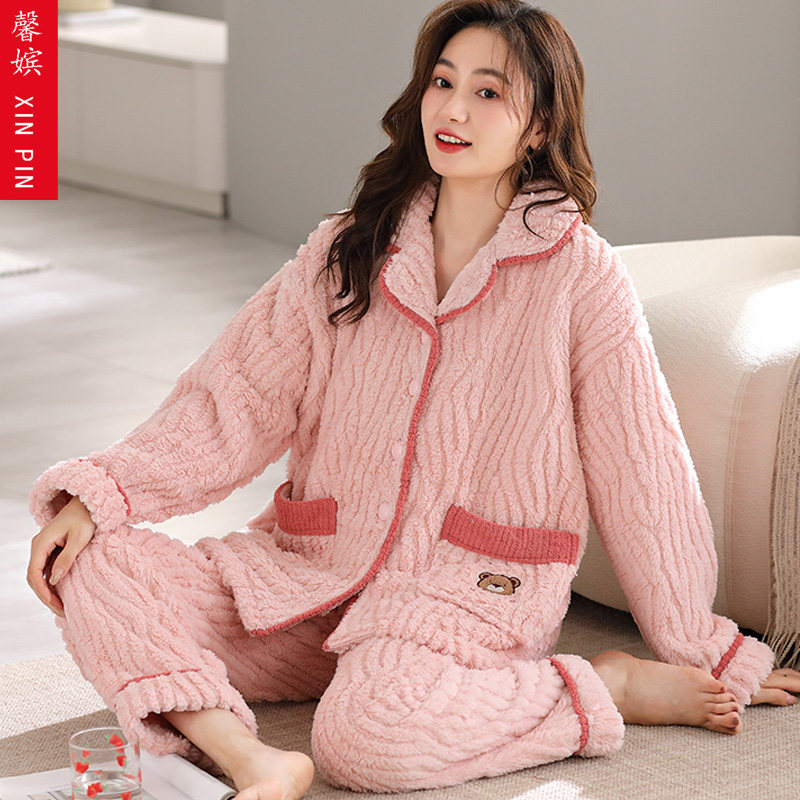 馨嫔女冬法兰绒加厚保暖翻领睡衣