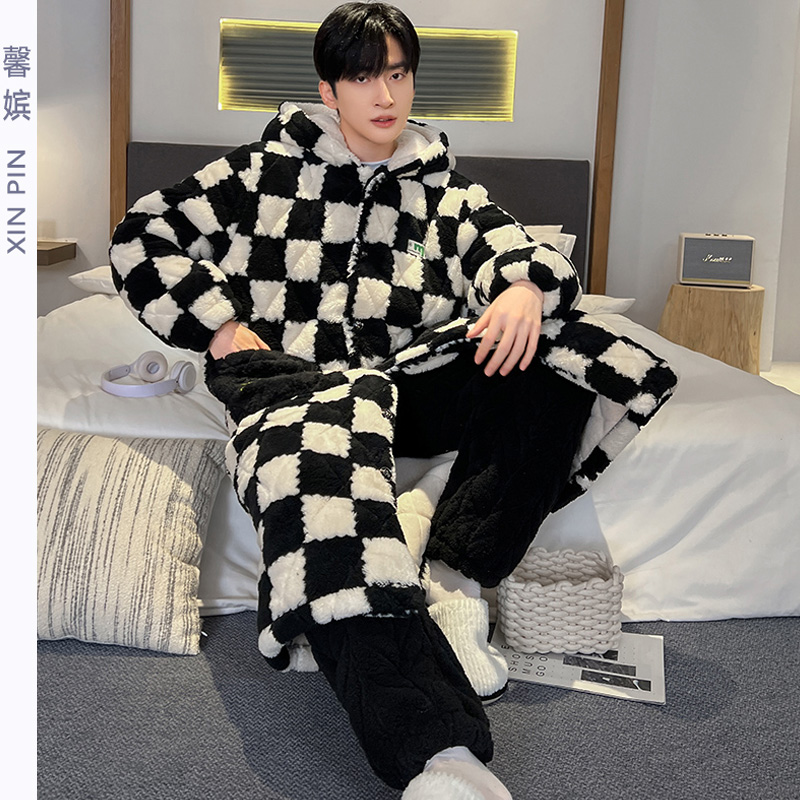 馨嫔男冬珊瑚绒夹棉加厚保暖睡衣