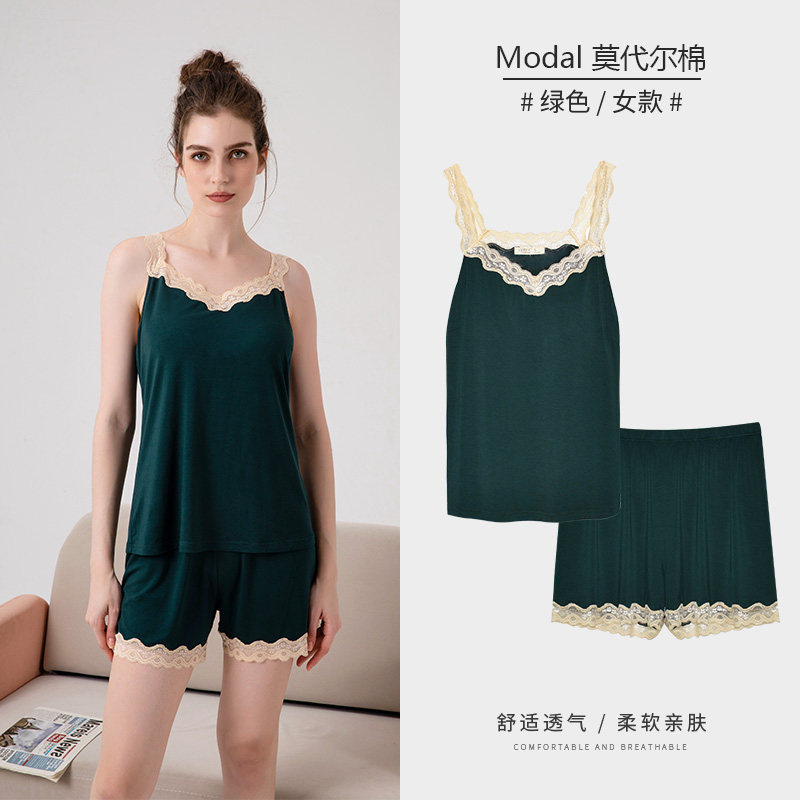 绮瑞吊带睡裙女夏薄莫代尔性感带胸垫无袖背心V领蕾丝开叉中长裙