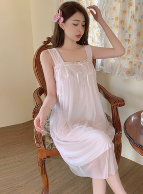新款网纱莫代尔吊带睡衣裙女夏性感蕾丝花边纯欲风红色新婚中长裙