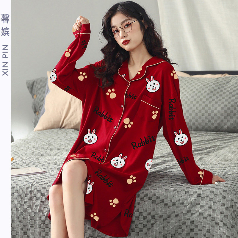 红色结婚长袖睡裙女开衫翻领裙子