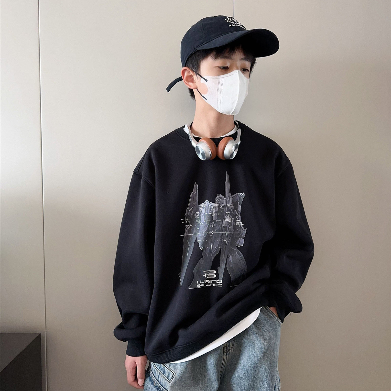 卫衣5243黑色机器人印花加绒卫衣