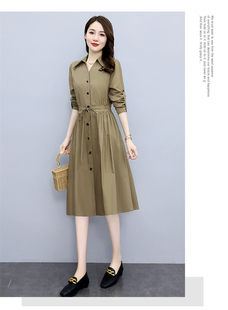 高档纯棉连衣裙女中长款春秋新款韩版长袖系带收腰高级感衬衫裙子