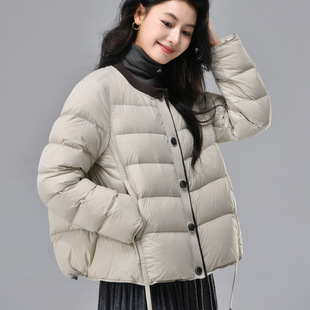 气质保暖百搭潮流外套 时尚 新款 90绒圆领针织扣白鸭绒羽绒服女短款