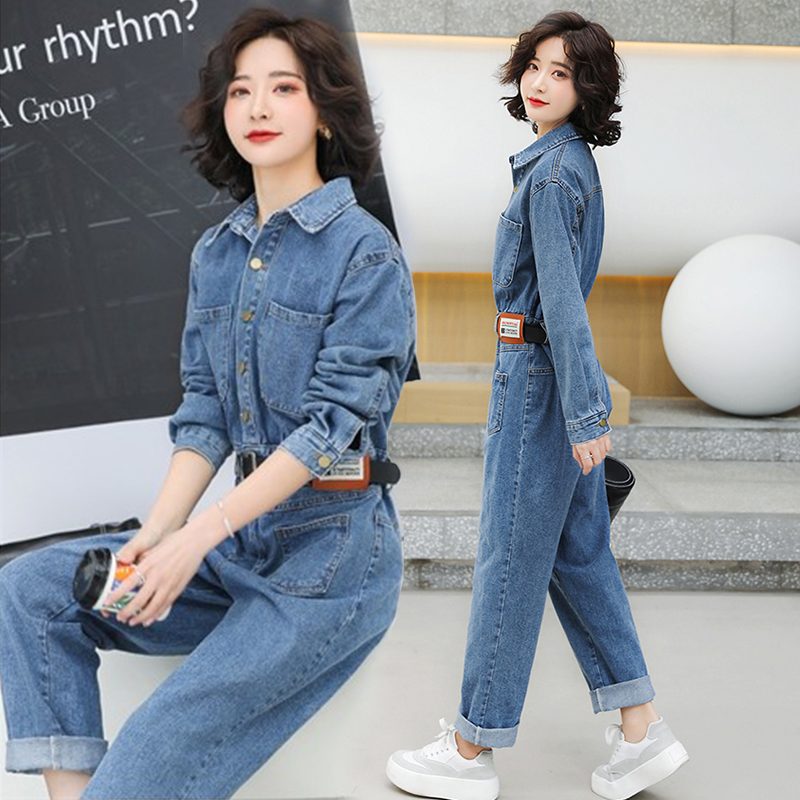 蓝色工装港风牛仔连体裤复古减龄