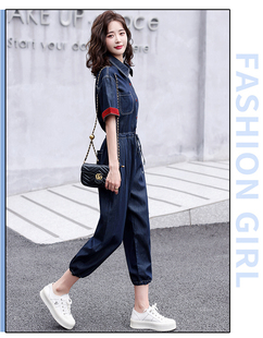 夏装 新款 韩版 薄款 裤 女连衣裤 休闲高级感复古工装 潮 天丝牛仔连体裤