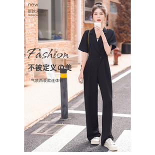 新款 韩版 时尚 黑色西装 高端气质阔腿连衣裤 女夏装 减龄法式 潮 连体裤