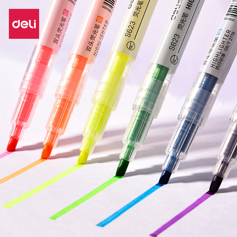 得力荧光笔透明笔杆双头6色