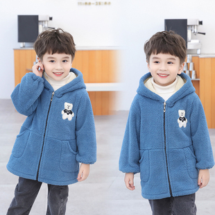 超柔米粒绒羽绒服罩衣加绒加厚连帽外套卡通拉链护衣吃饭围兜冬季