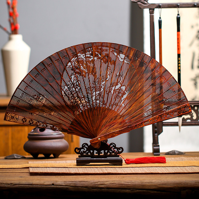 海南黄花梨折扇小叶紫檀工艺扇高端文玩扇子复古镂空雕刻檀木苏扇