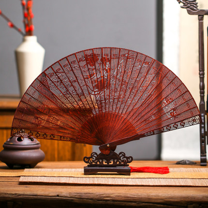 檀香紫檀扇子镂空折扇古风小叶金丝楠乌木黄花梨高端中国风苏扇