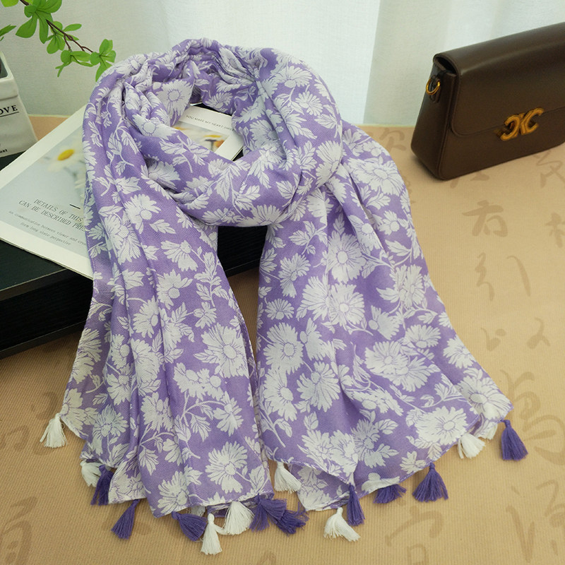 温婉紫色碎花围巾女2026新款薄长款百搭围脖空调护颈披肩流苏丝巾
