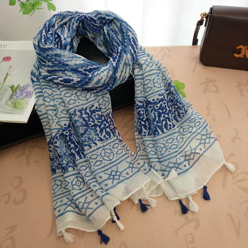 围巾女出口薄款丝巾民族风蓝白青花瓷几何巴厘纱流苏披肩轻薄透气