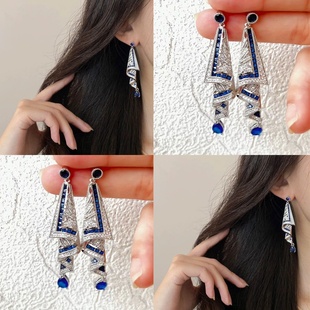 名尚家法式重工满钻蓝色绸带耳环2026新款新中式高级感长款耳饰女