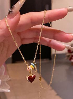 甜美气质双面滴釉爱心吊坠项链女