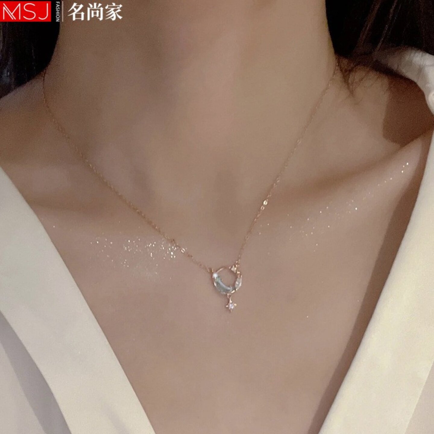 电镀银色星月项链女轻奢小众设计感星星月亮锁骨链蓝色月亮劲链
