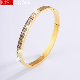 名尚家钛钢手镯双排钻银色手镯女生韩版简约轻奢不掉色镶钻手环潮