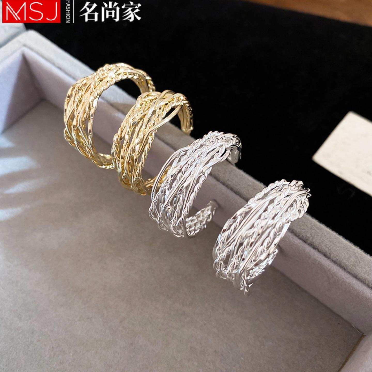 msj银针褶皱交叉纹路金属耳钉女