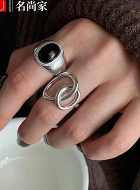 msj甜酷黑色椭圆戒指女个性嘻哈朋克S925镀银开口指环叠戴食指戒